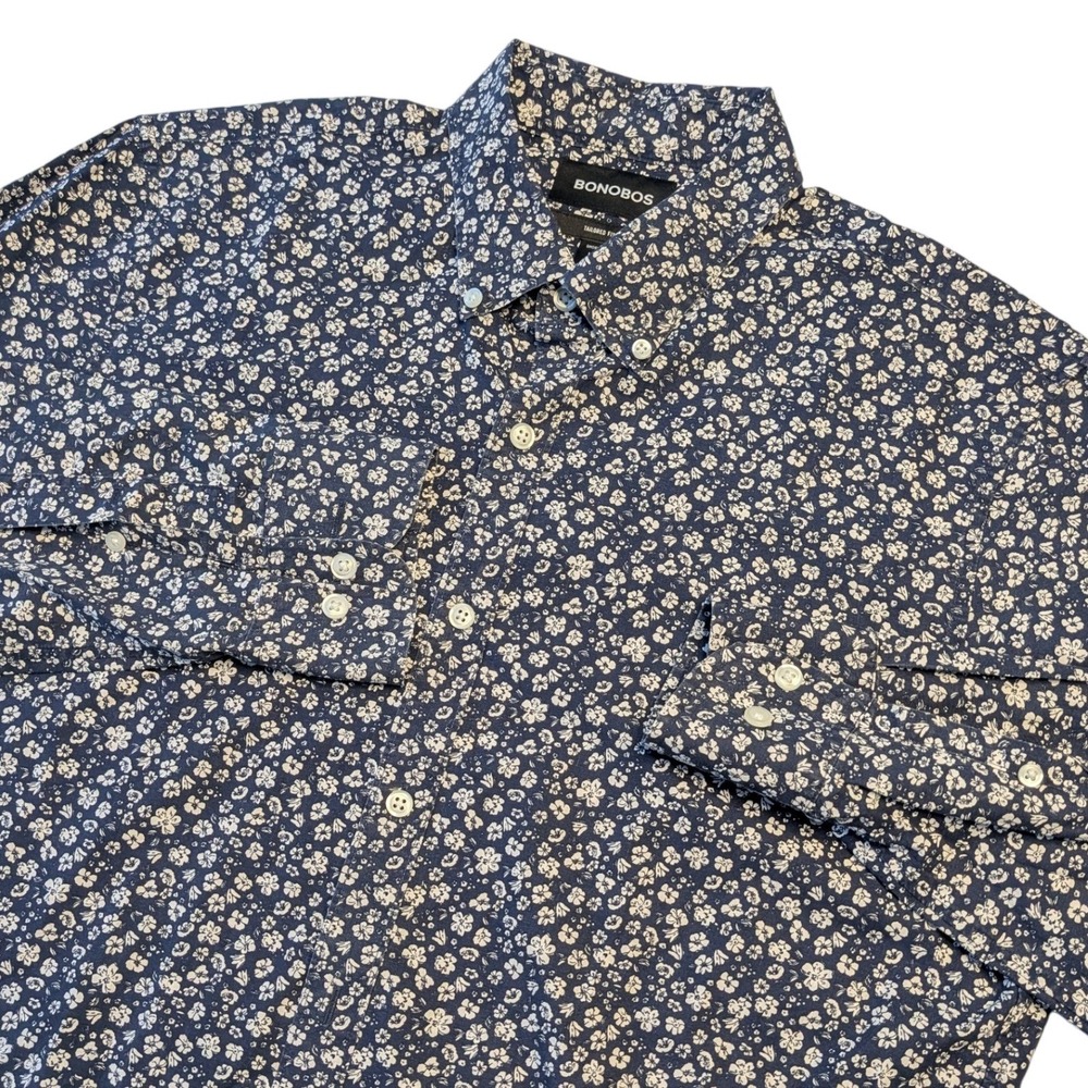Bonobos Tailored Fit Shirt Mens Large Short Navy Blue‎ Floral Cotton Button Down
